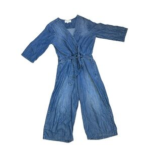 Cloth & Stone Anthropologie Blue Denim Jumpsuit Wrap Front Belted 3/4 Sleeve M